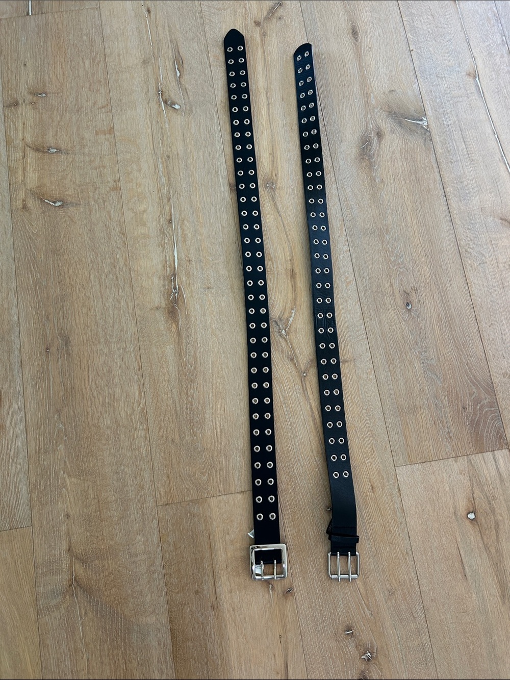 Black Double Grommet Skinny Belt Set with Silver Buckles